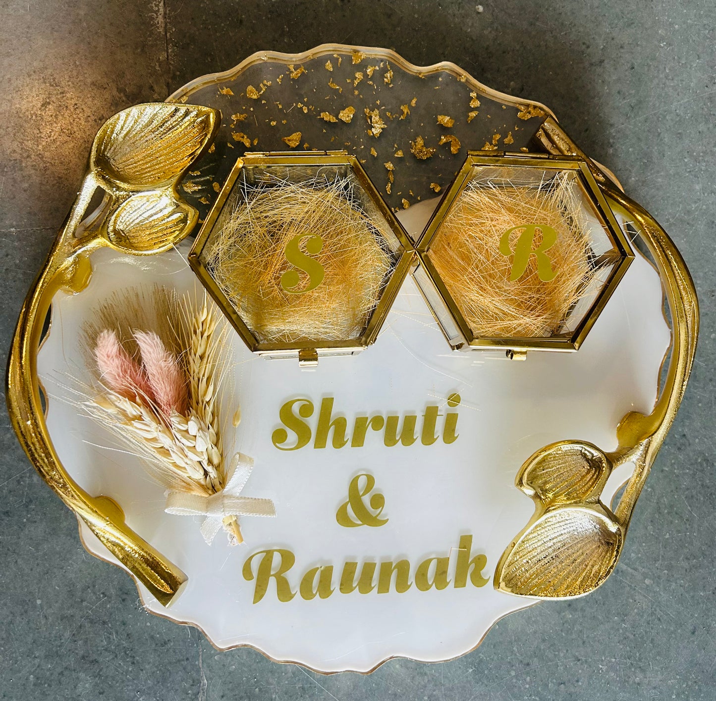 Premium customized engagement ring platter by Wrap Shap featuring elegant resin base, personalized couple name, and glass ring boxes with initials – sagai thali design.