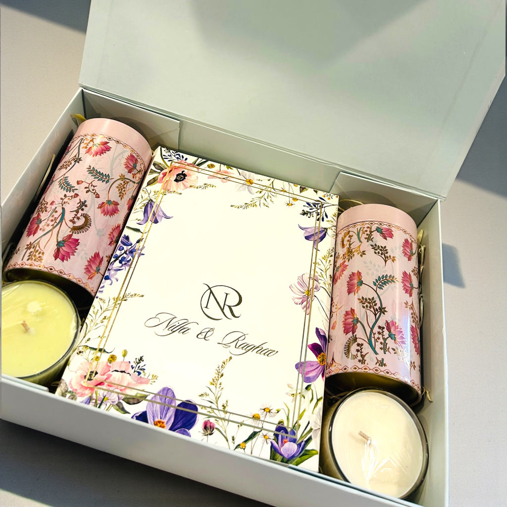Luxury wedding invitation card gift box with cashew almonds and scented candles