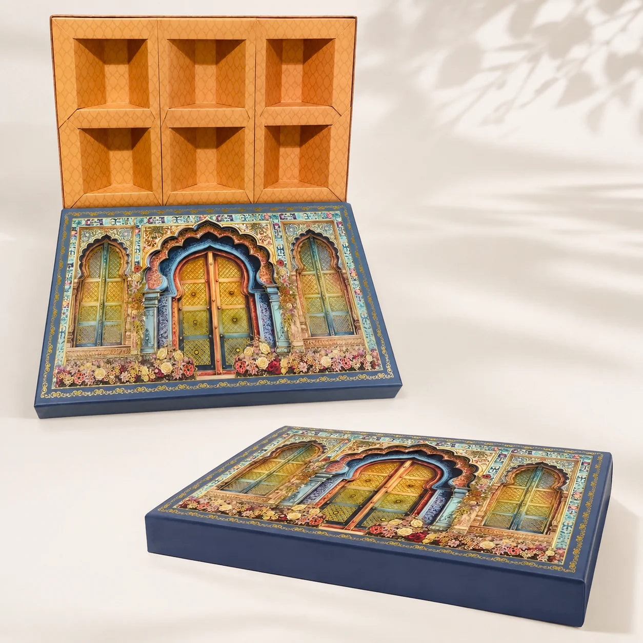6 Partition Dry Fruit Box by Wrap Shap made from premium kappa board, ideal for dry fruits, chocolates, gourmet snacks, festive hampers, wedding favours, corporate gifting, and luxury gift packaging.