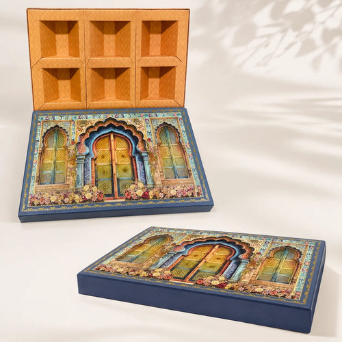 6 Partition Dry Fruit Box by Wrap Shap made from premium kappa board, ideal for dry fruits, chocolates, gourmet snacks, festive hampers, wedding favours, corporate gifting, and luxury gift packaging.