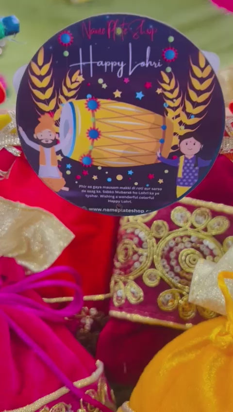 Lohri Celebration Hamper in Decorated Pinewood Basket with Velvet Lace Potli