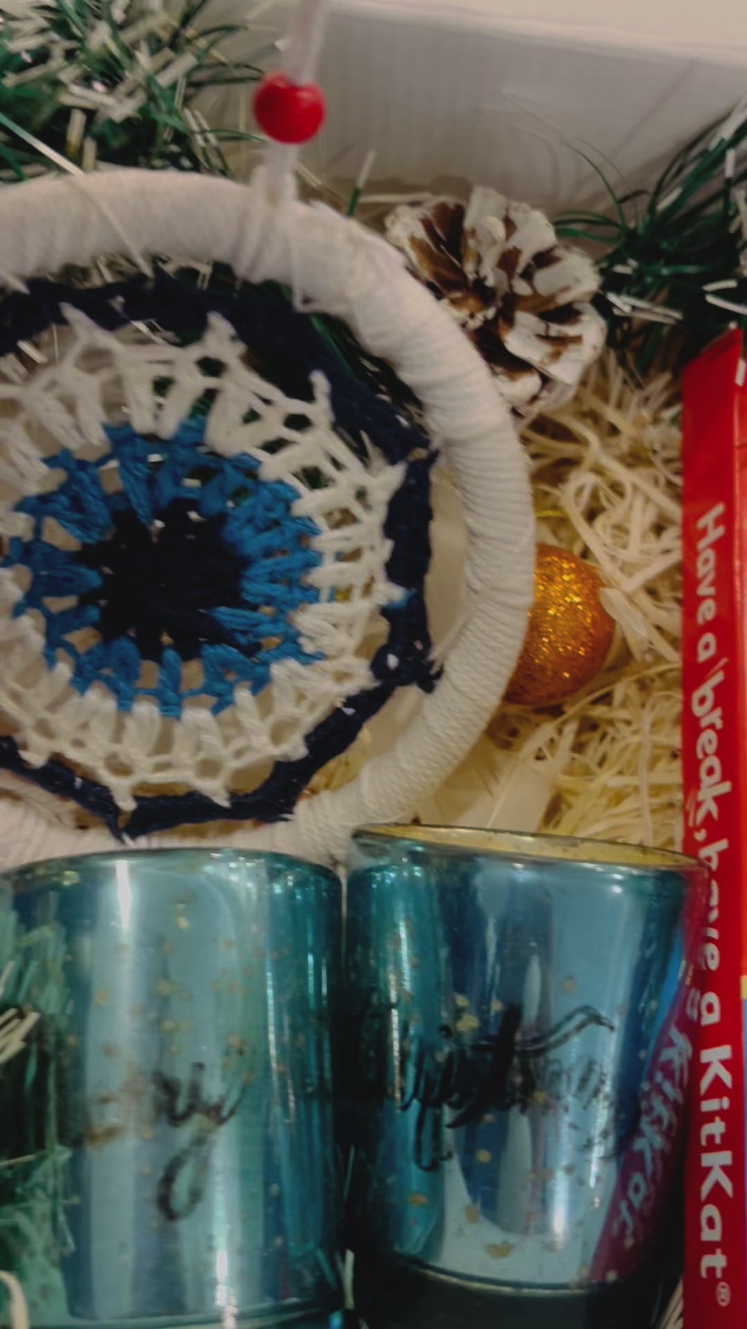 Festive Christmas Hamper in Holiday Gift Box – Santa Decorative, T-Light Candles, Evil Eye Hanging & KitKat