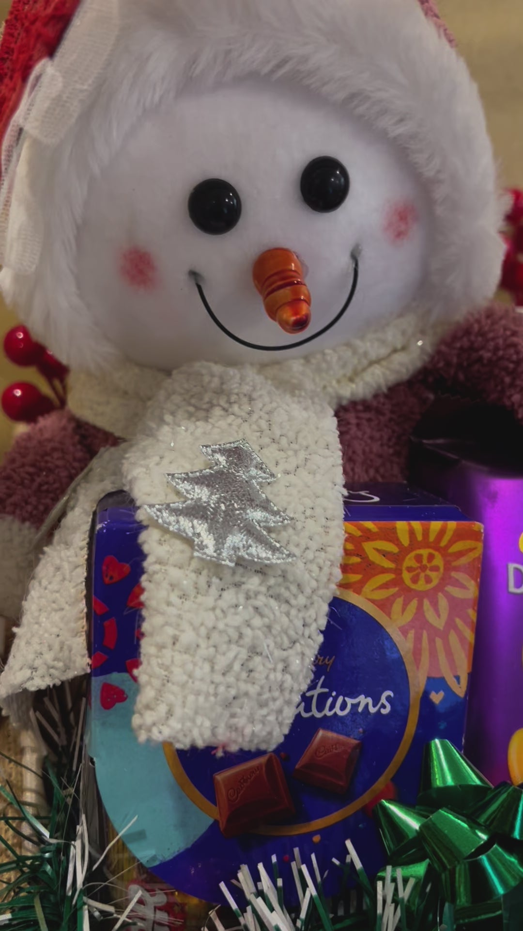 Festive Christmas Hamper – Snowman Showpiece, Open Secret Cookies, Decorative Candle & Cadbury Chocolates