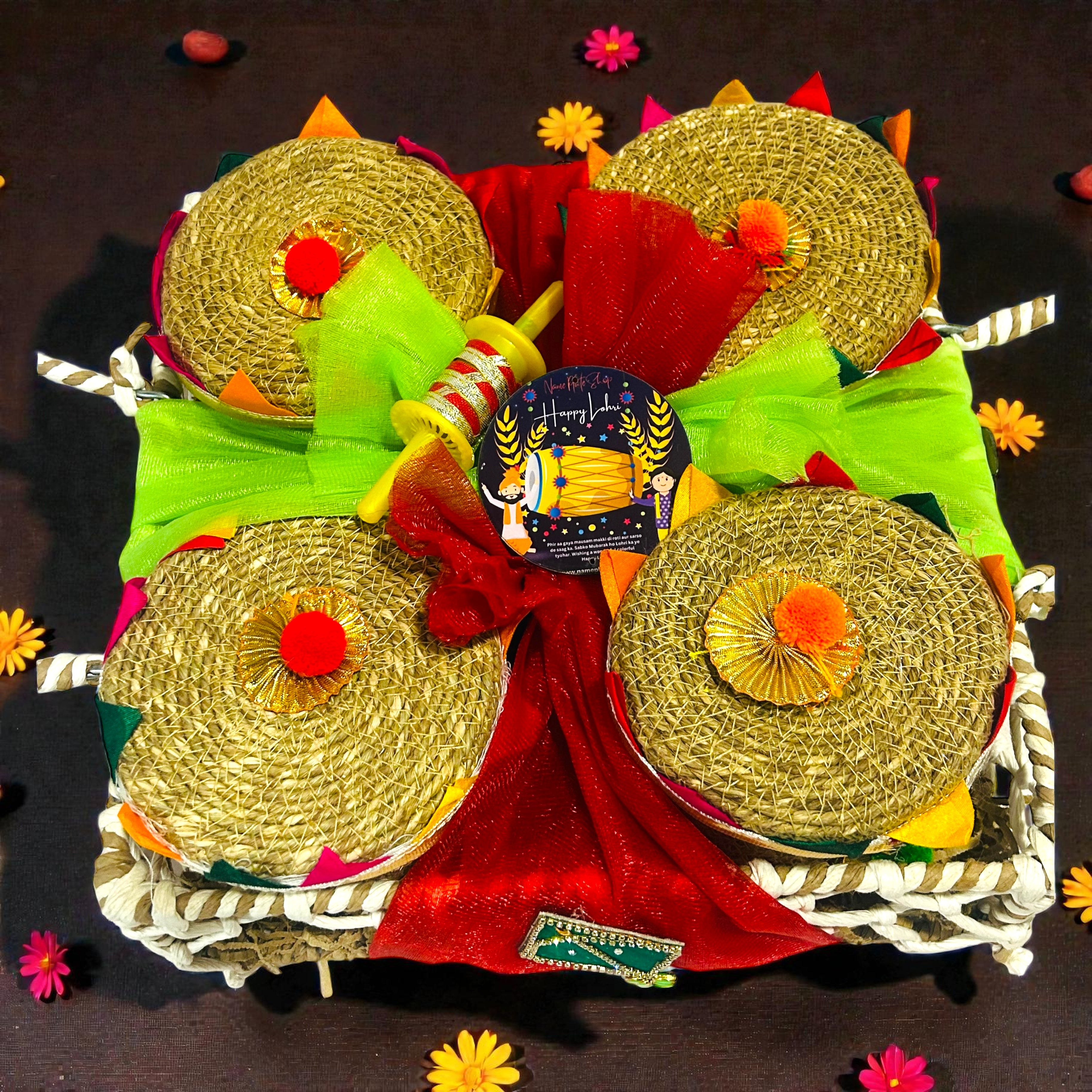 Lohri themed rafia basket hamper with traditional snacks packed in jute gift boxes.