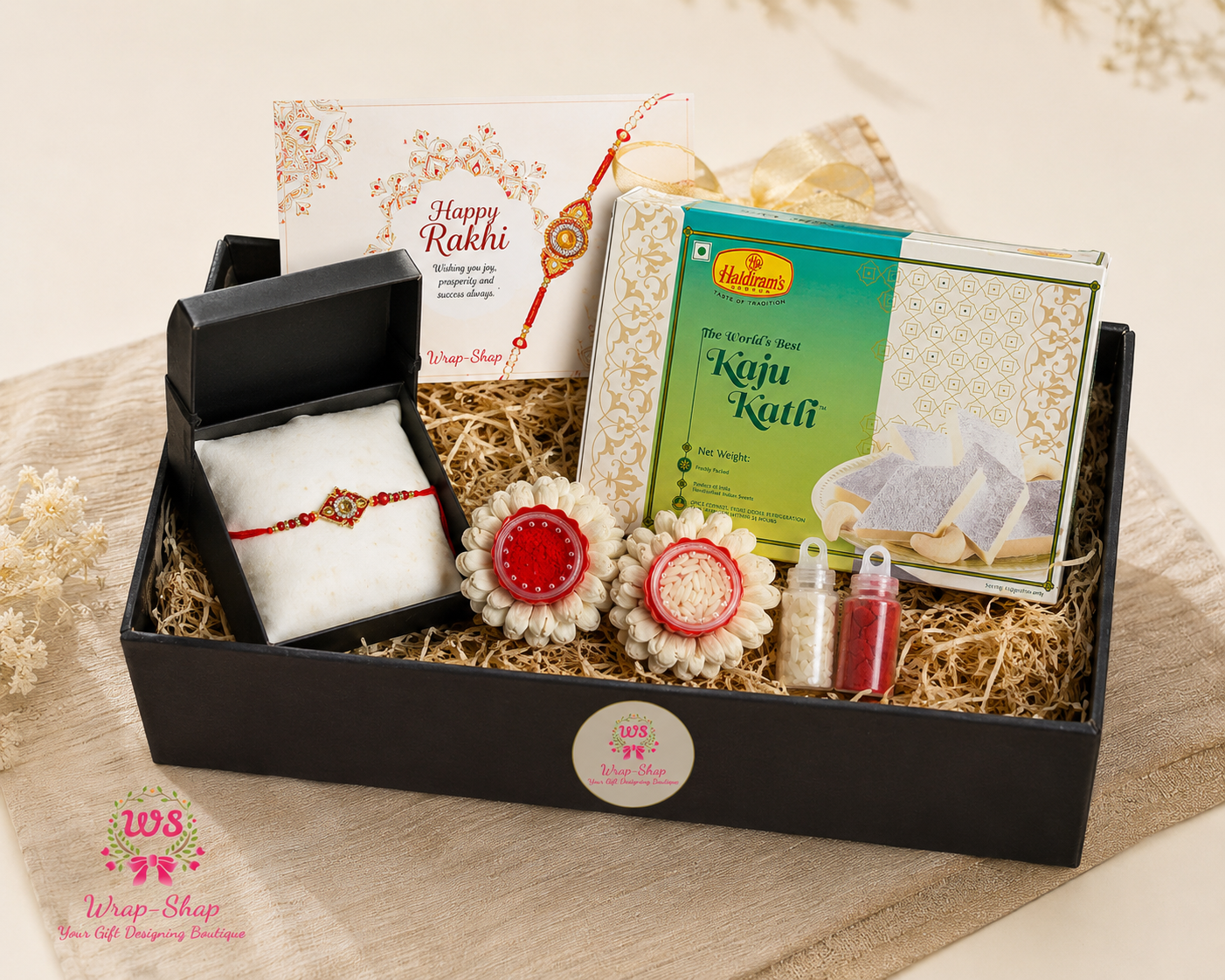 Premium Brother Rakhi Gift Hamper with designer Rakhi, Kaju Katli, Roli Chawal, greeting card and decorative gift box