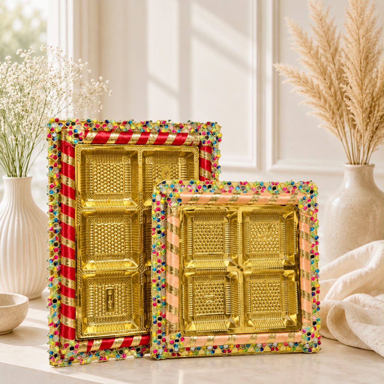 Premium Ribbon Multi Color dry fruit platter made from MDF for festive gifting, corporate hampers, and wedding gift packaging. Elegant designer gift tray available in 12-inch and 12x16-inch sizes for dry fruits, chocolates, sweets, gourmet snacks, and luxury gift presentations