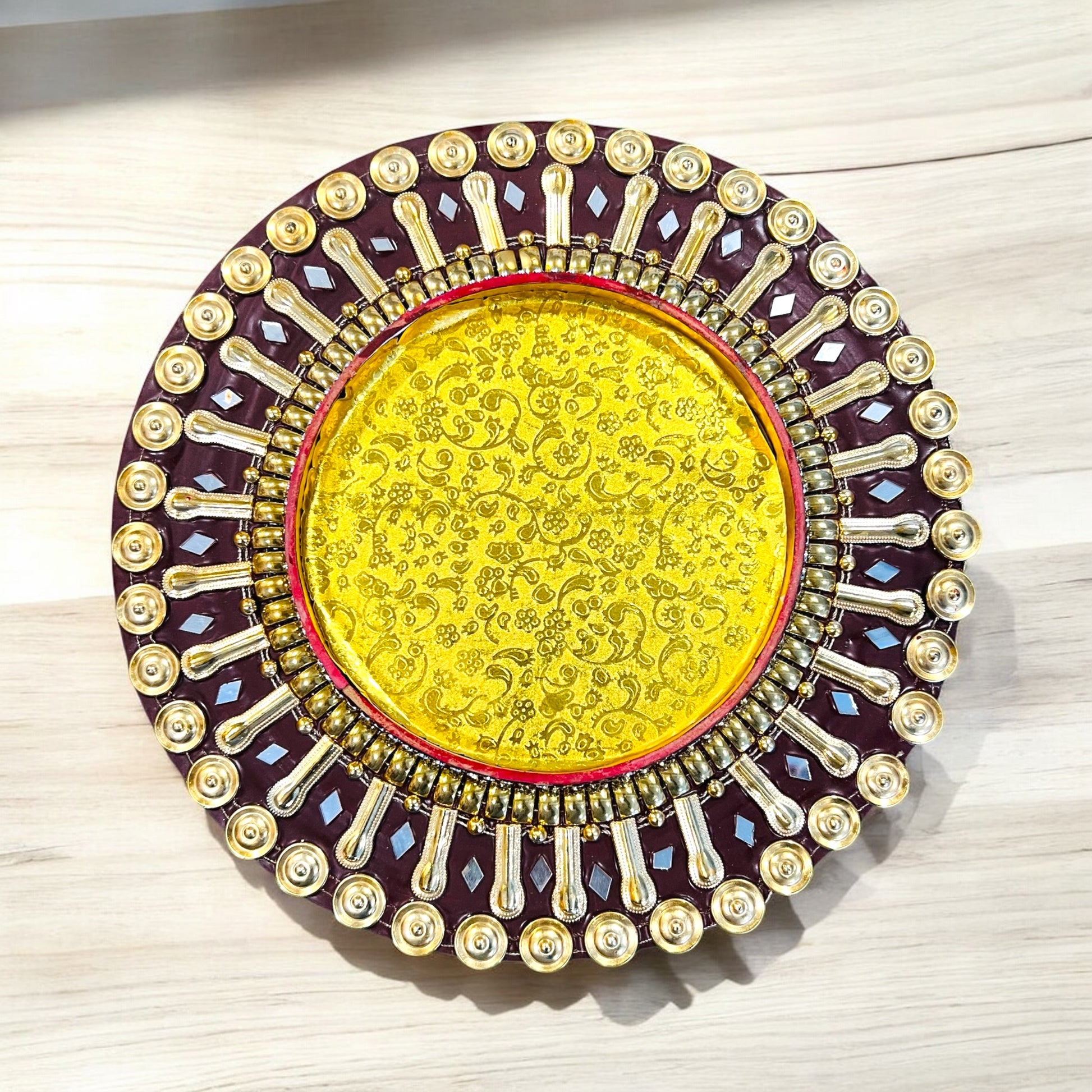 11-inch round dry fruit tray from Wrap Shap in decorative festive design for gifting dry fruits during Diwali, weddings, and Indian ceremonies