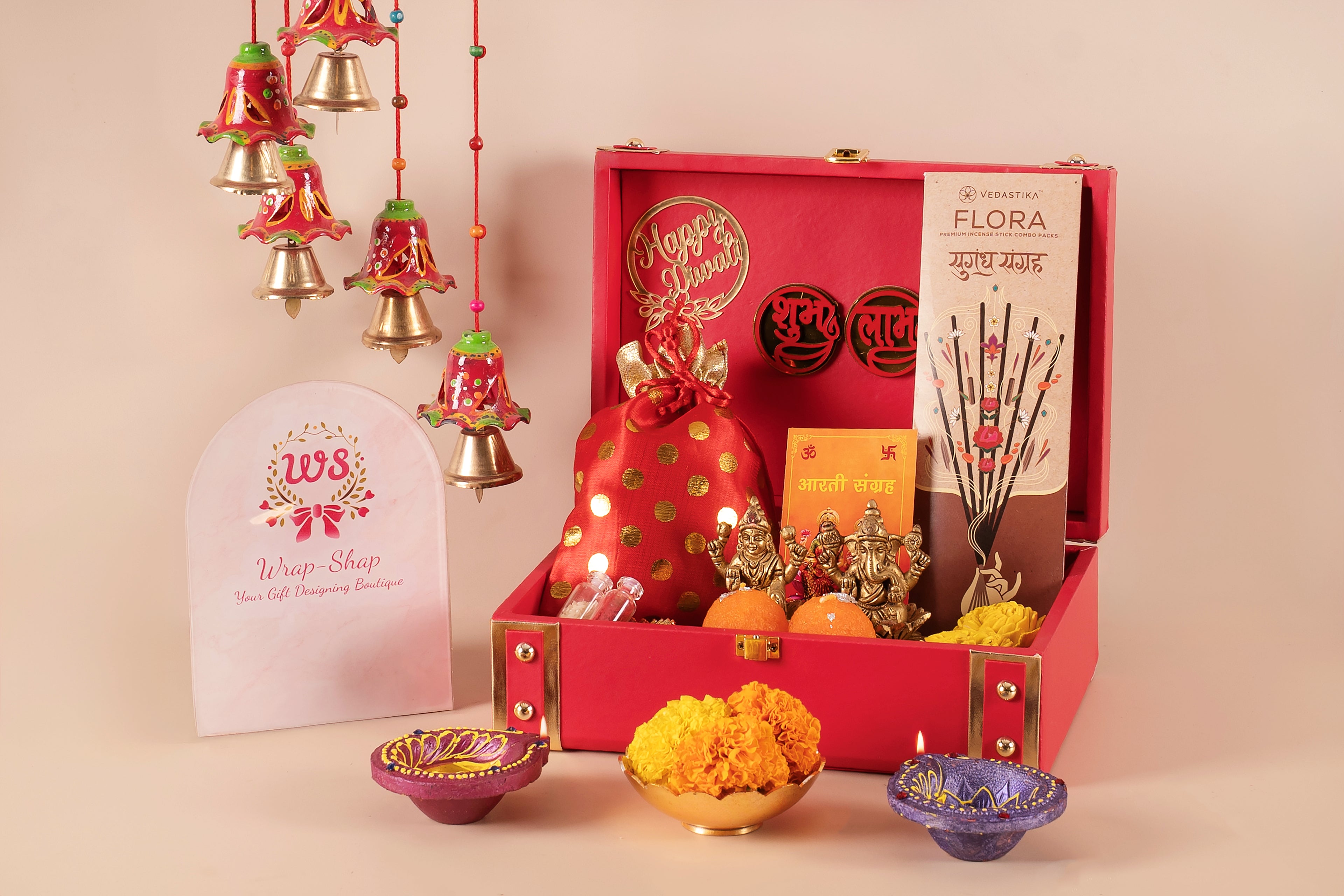MDF trunk Diwali gift hamper with Brass Laxmi Ganesh Idol, Premium festive gift box with pooja essentials and dry fruits