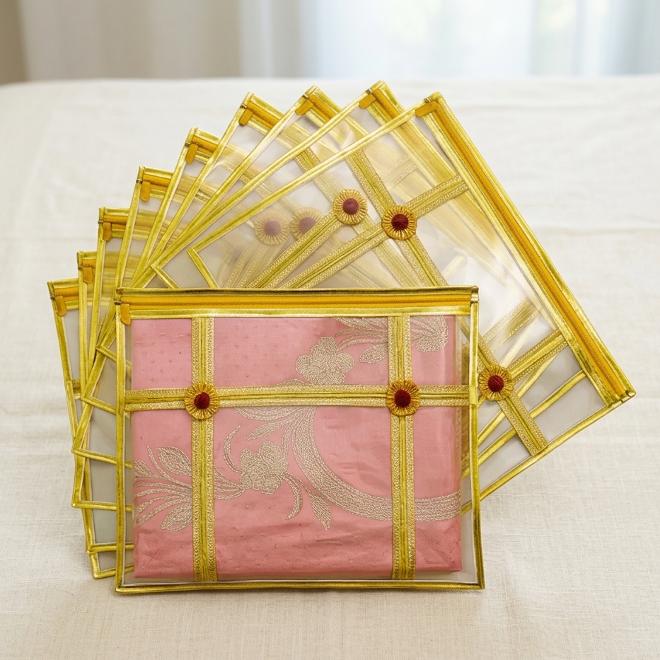 Transparent saree bags with zip lock and gota ribbon