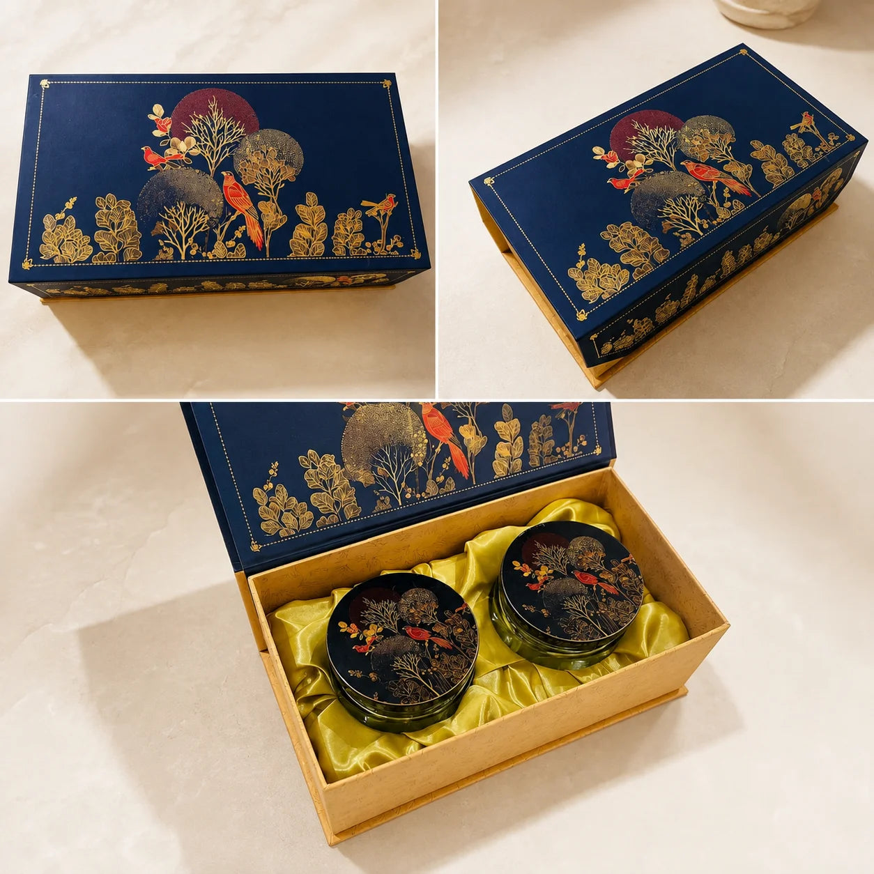 Scarlet Dry Fruit Gift Box by Wrap Shap featuring premium kappa board construction with elegant glass jars, available in 2, 3, and 4 jar variants for Diwali gifts, weddings, corporate gifting, festive hampers, and luxury gift packaging.