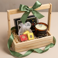 Pinewood return gift basket with handmade chocolates and scented candle