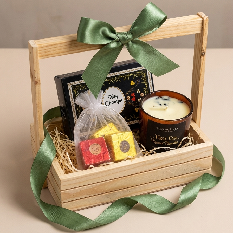 Pinewood return gift basket with handmade chocolates and scented candle