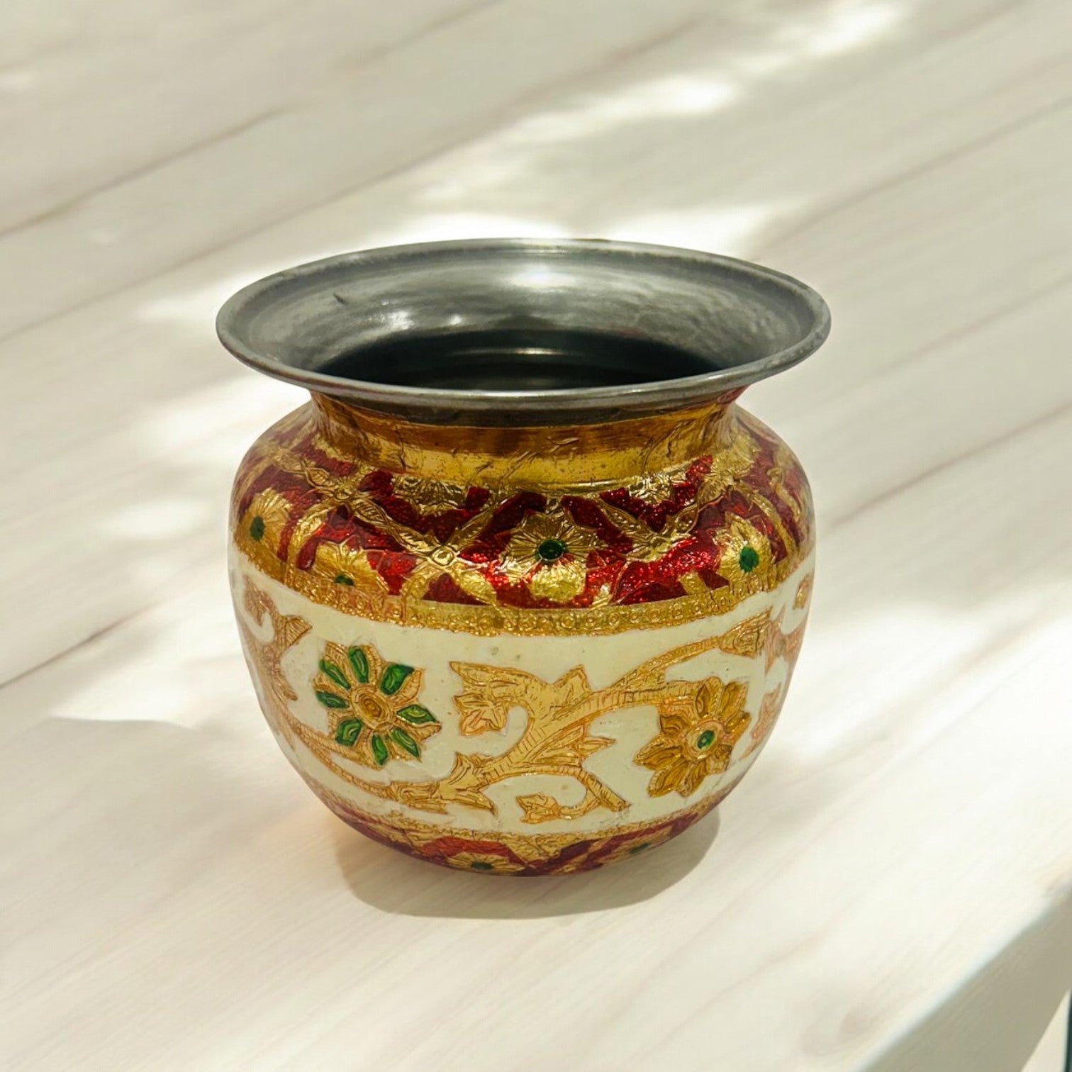 Decorated small steel lota with lace and embellishments for pooja, wedding rituals, and Indian festivals by Wrap Shap