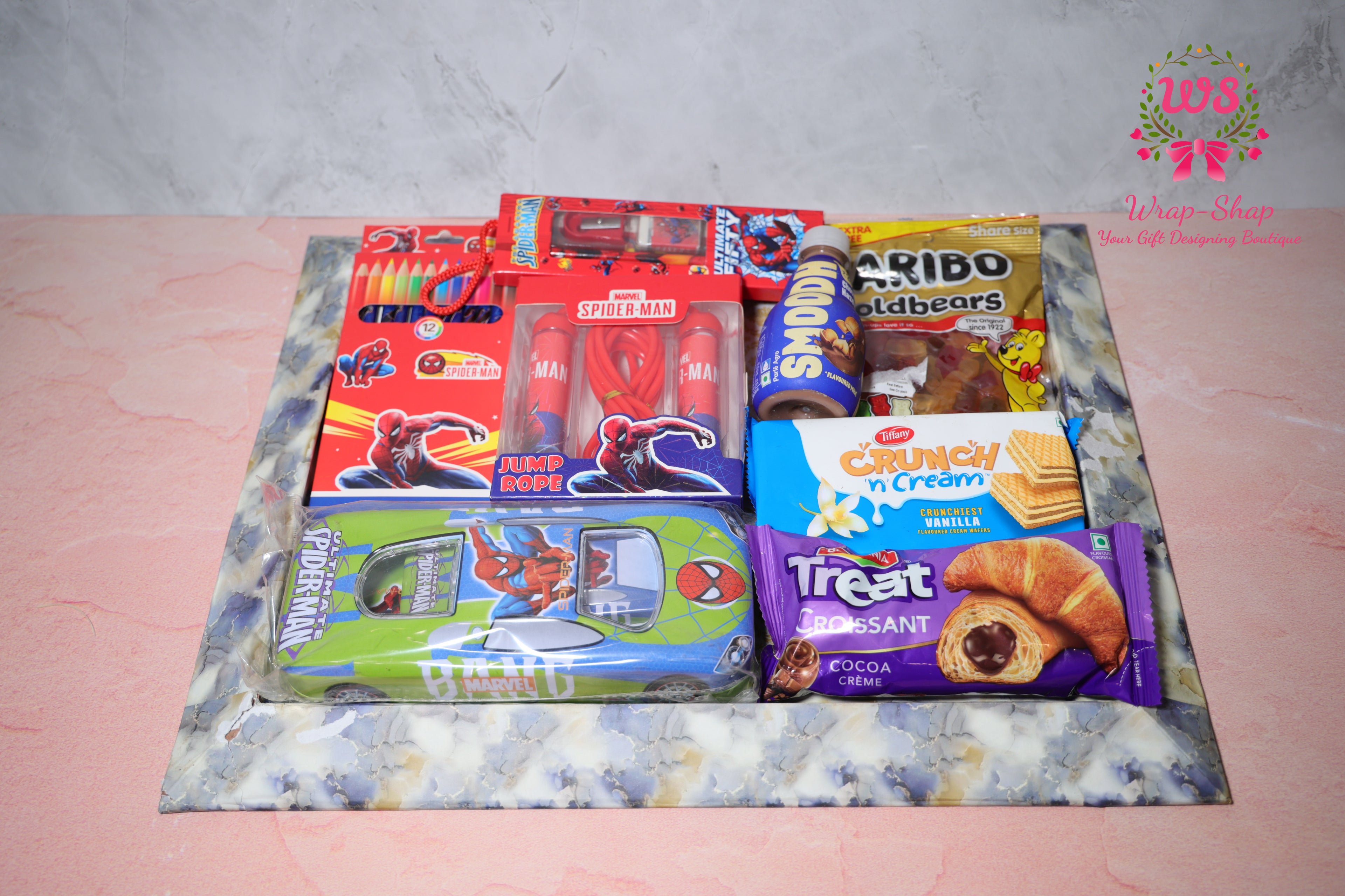 Wrap Shap Spiderman gift hamper for boys with pencil box, skipping rope, chocolate milkshake, haribo gummies, stationery kit, croissant and snacks in tray