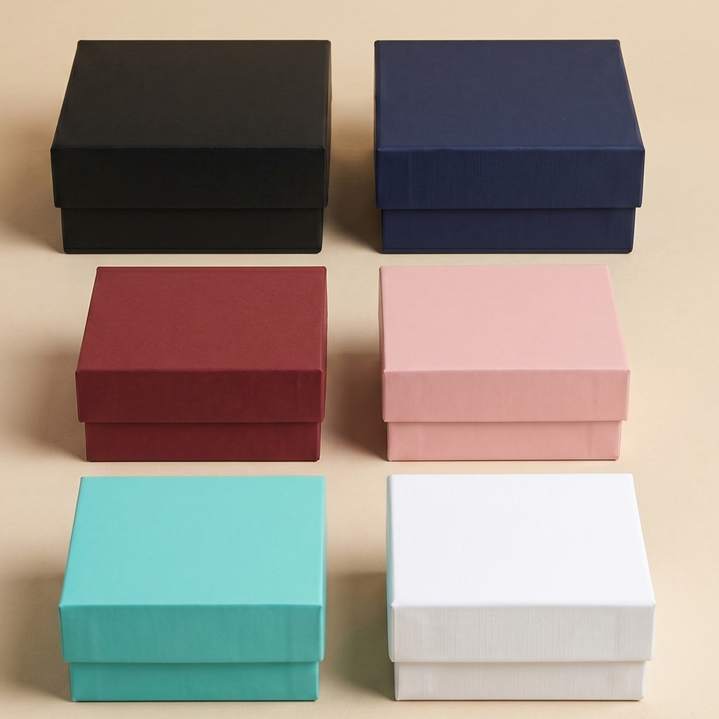 Square empty gift box measuring 3.5x3.5x1.5 inches available in multiple colors