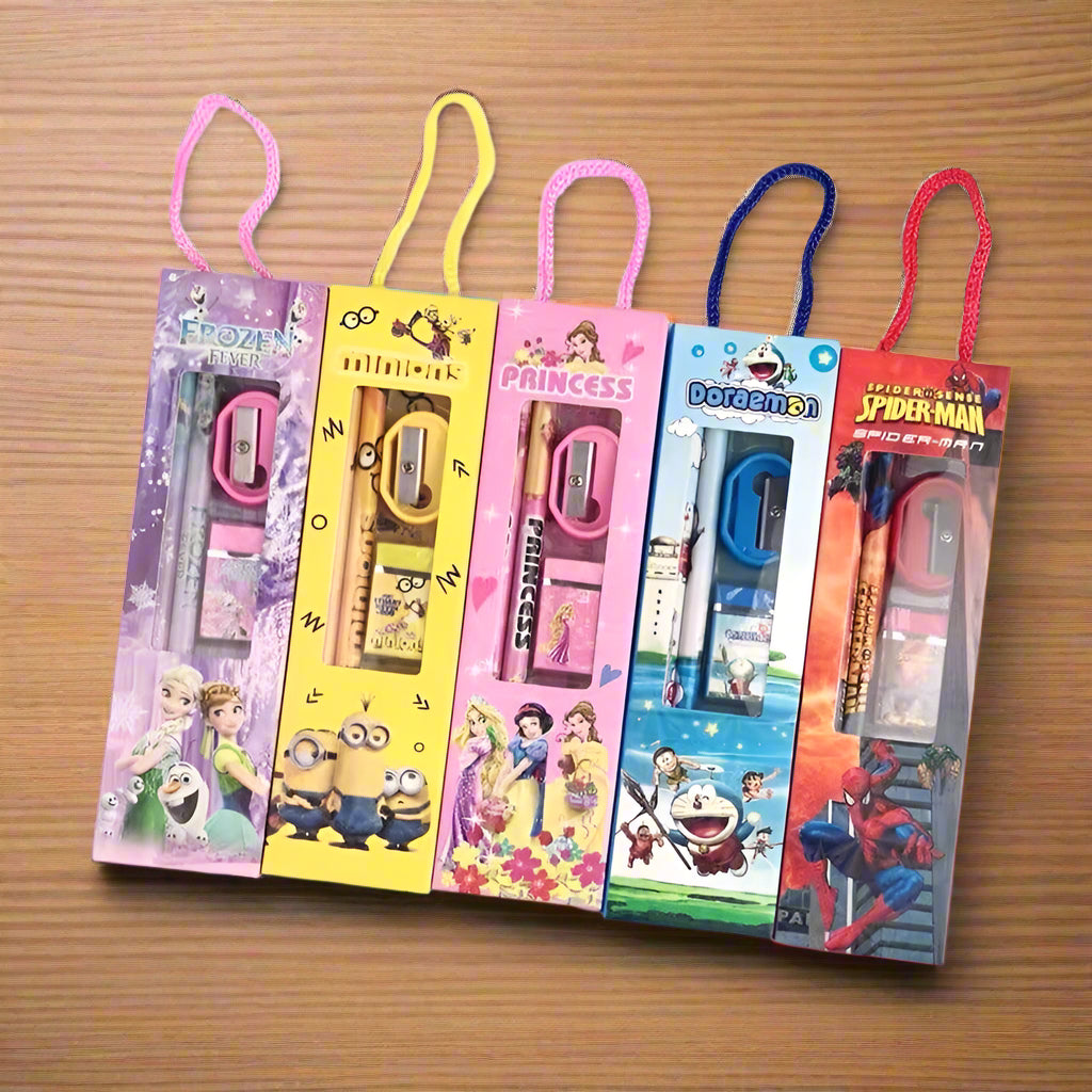 Colorful Stationery Gift Set for Kids – Includes 2 Pencils, 1 Scale, 1 Eraser, 1 Sharpener. Perfect birthday return gift & school stationery combo.