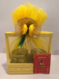 sundarkand return gift hamper with cookies and beetroot chips in wooden basket