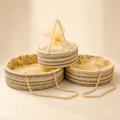 Premium Tyson Round Gift Basket with sturdy handle and decorative net for elegant hamper packaging. Round MDF gift basket available in 8x8, 10x10 and 12x12 inch sizes for wedding hampers, festive gifting, and corporate gift packaging