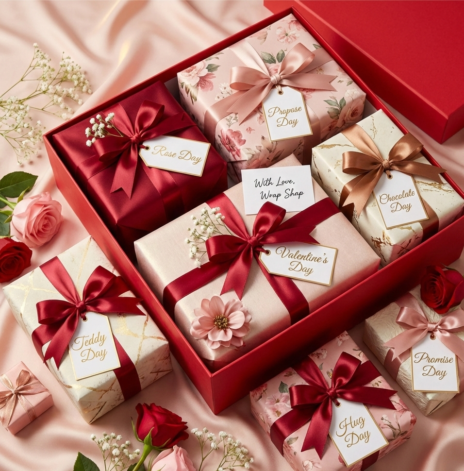 Valentine week gift hamper with seven romantic gifts beautifully packed