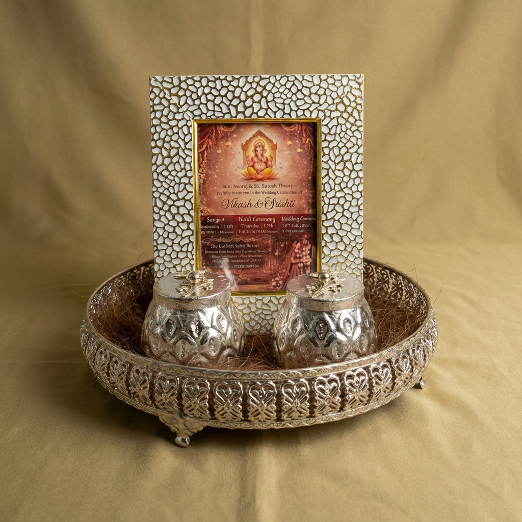 Premium wedding first invitation platter with silver tray, dry fruits jars and floral pearl decoration