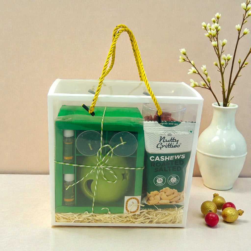 Housewarming hamper with diffuser and snacks