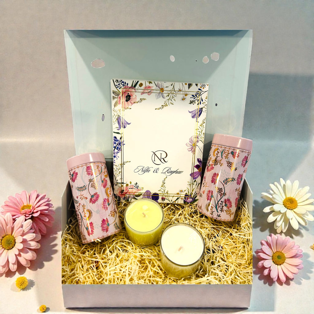 Wedding invitation gift box with dry fruits in tin jar and premium scented candles