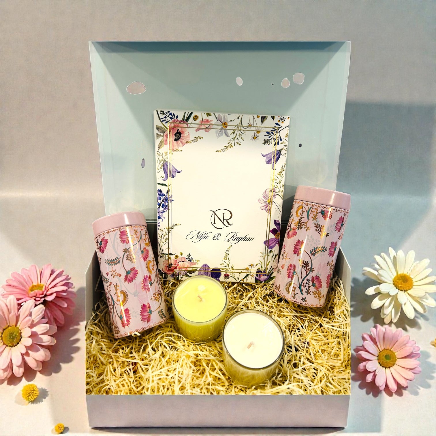Wedding invitation gift box with dry fruits in tin jar and premium scented candles