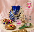 wedding return gift potli hamper with bangles jhumka mehendi and dry fruits