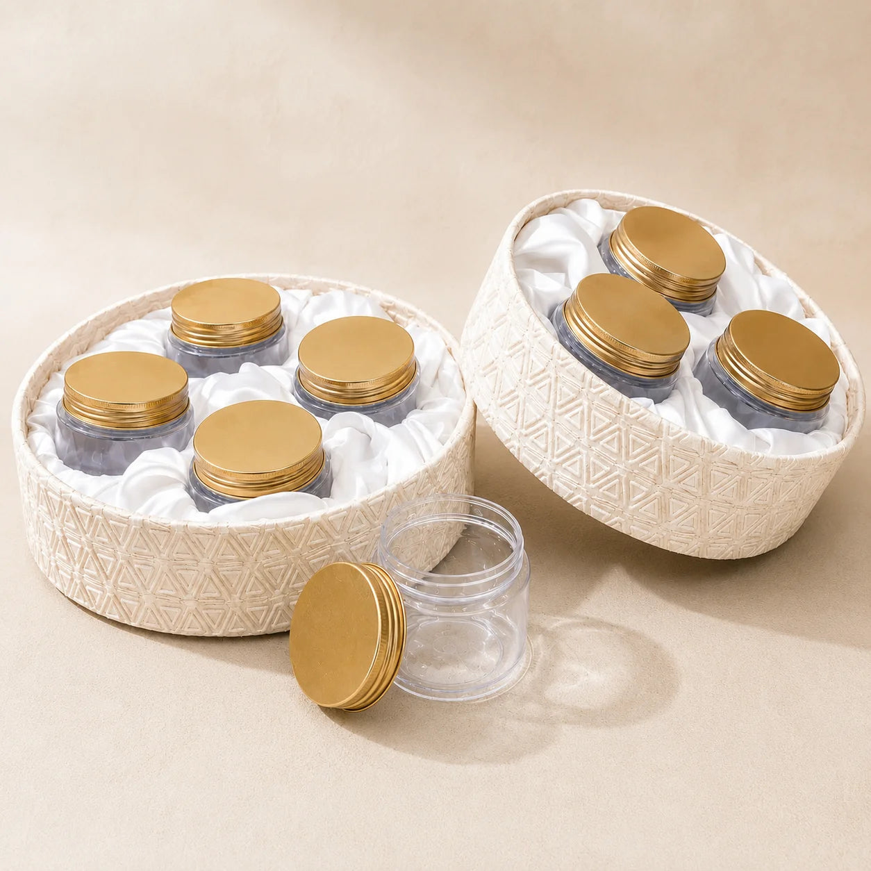 Premium White Triangle round open hamper tray made from MDF for corporate, wedding, and festive gifting. Elegant round hamper available in 10-inch and 11-inch sizes for arranging dry fruits, chocolates, sweets, gourmet foods, and luxury gift collections