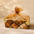 Premium Wood Print 2 Jar basket with decorative net made from MDF for festive gifting, wedding hampers, and corporate gift packaging. Elegant wood finish hamper basket designed to hold two dry fruit jars, chocolates, sweets, gourmet treats, and festive gifts.