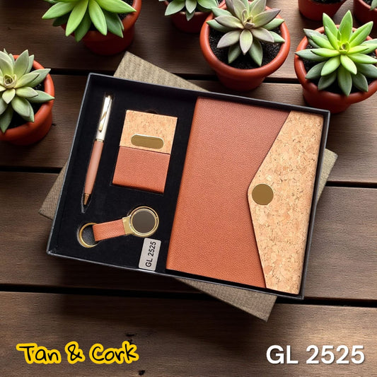 Premium 4-in-1 corporate gift set in tan & cork theme with diary, pen, keychain & card holder – customizable with company logo, ideal for Diwali & corporate gifting.