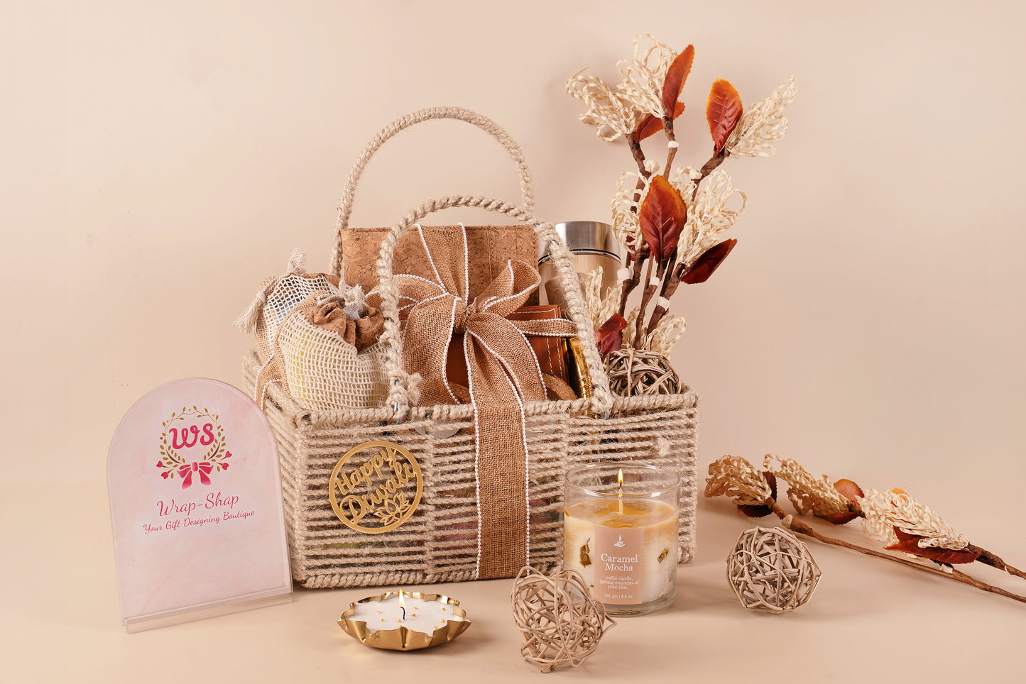 Eco-friendly premium jute basket gift hamper with dry fruits, bamboo bottle, Laxmi Ganesh frame, cork stationery, and festive essentials for Diwali, weddings, and corporate gifting.