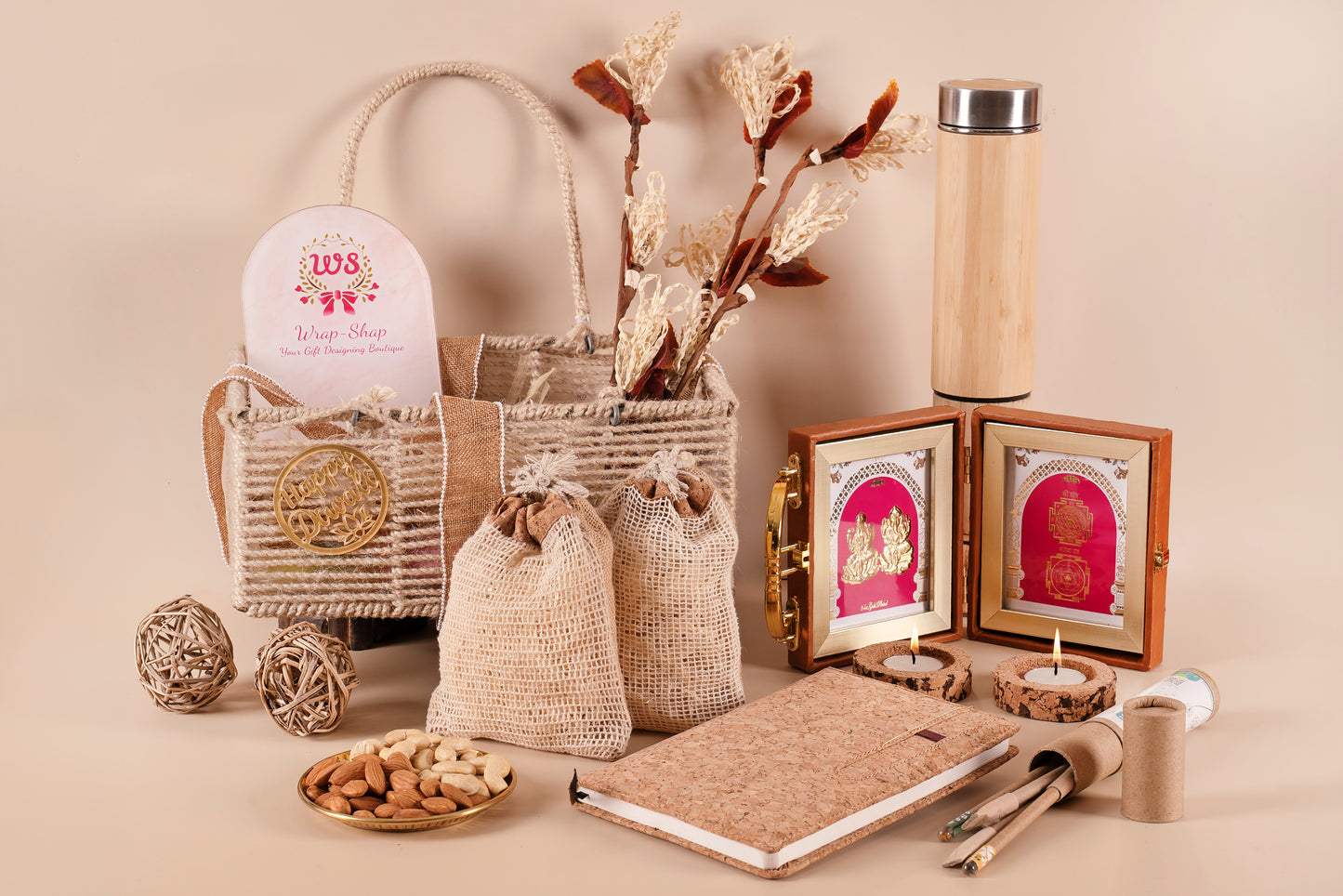 Premium Eco-Friendly Jute Basket Gift Hamper with Dry Fruits, Bamboo Bottle, Laxmi Ganesh Frame & Festive Essentials | Diwali, Weddings & Corporate Gifting