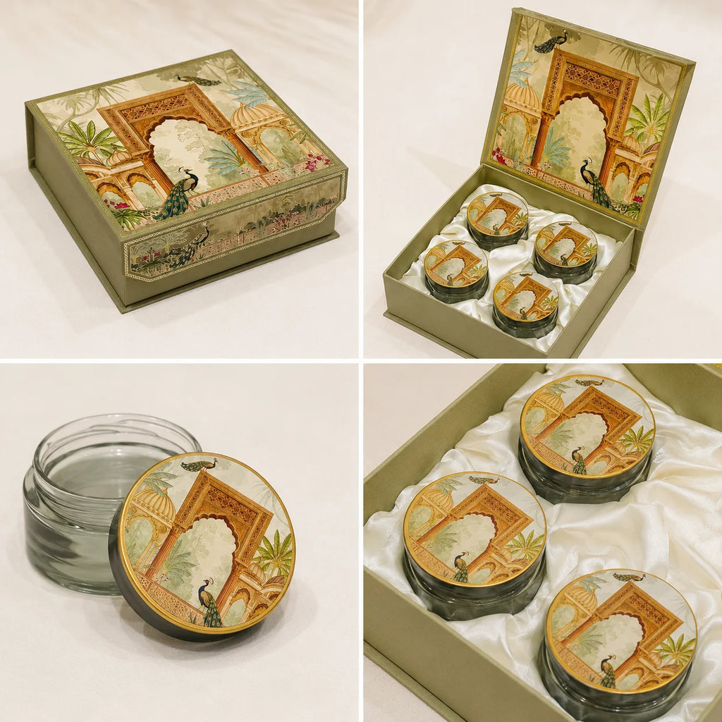 Darbar Dry Fruit Gift Box by Wrap Shap featuring premium kappa board construction with reusable glass jars in 2, 3, and 4 jar variants for Diwali gifting, weddings, corporate gifting, festive hampers, and luxury gift packaging.