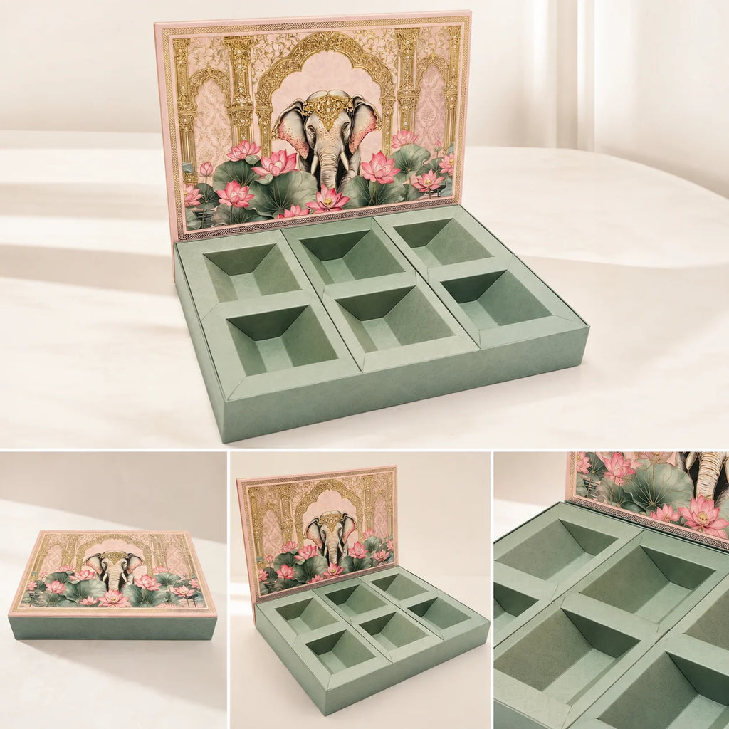 6 Partition Dry Fruit Box by Wrap Shap made from premium kappa board, ideal for dry fruits, chocolates, gourmet snacks, festive hampers, wedding favours, corporate gifting, and luxury gift packaging.
