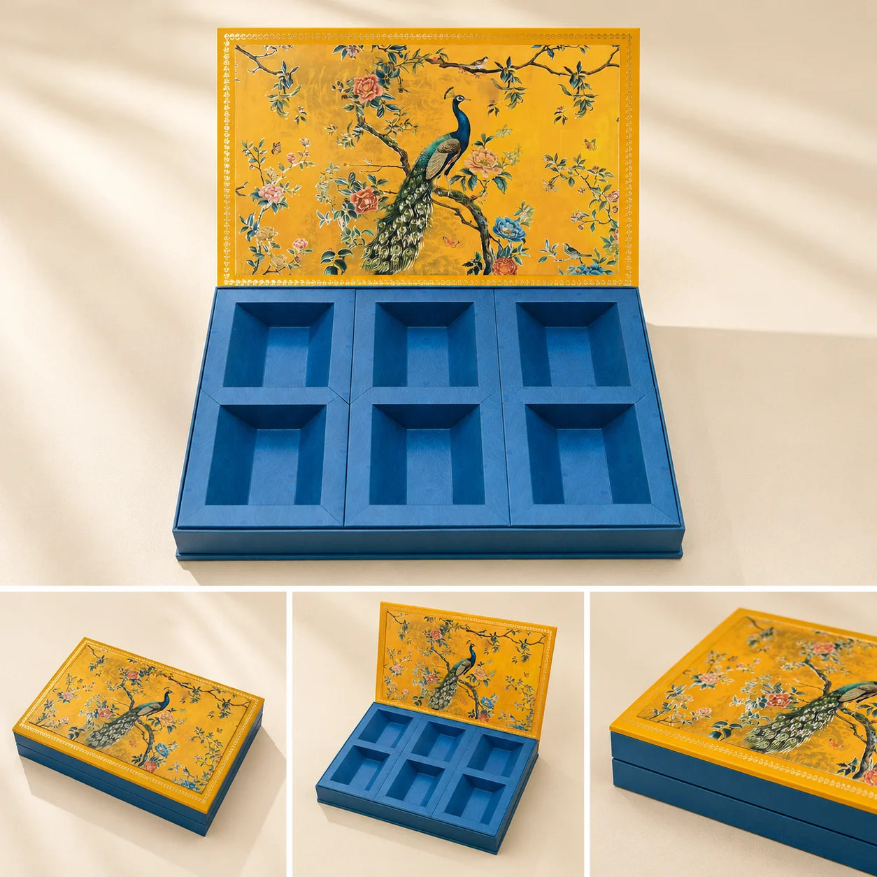 Large 6 Partition Dry Fruit Box by Wrap Shap made from premium kappa board, designed for dry fruits, chocolates, gourmet treats, festive hampers, luxury corporate gifting, wedding favours, and premium gift packaging.