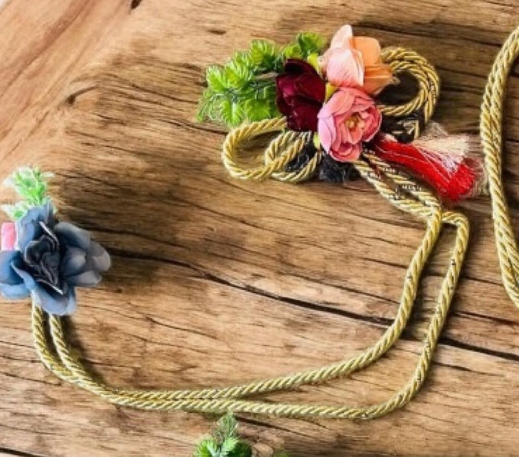 Artificial 2 flower bunch with connecting dori in assorted colors, perfect for tray decoration, trousseau, saree, lehenga, and suit gift packing by Wrap Shap