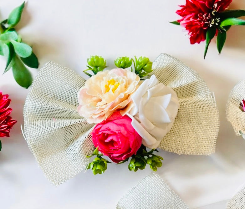 Wrap Shap 3 Assorted Artificial Flower Bunch with Jute Back – Perfect for eco-themed gift wrapping, trousseau, wedding hampers, and festive decor