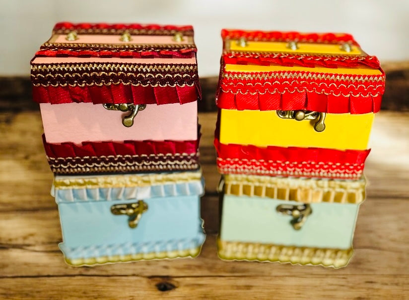 4x4x4 inch decorated leatherite gift box in assorted festive colors, ideal for laddoo gifting, jewellery, and return favours by Wrap Shap