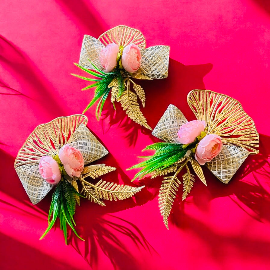 Wrap Shap Artificial 2-Peony Flower Bunch with Gold Leaf – Assorted color peony flowers for trousseau, gift packing, hampers, décor, and craft use