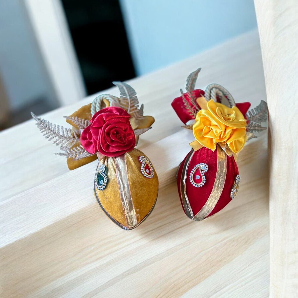 Decorated Shagun Nariyal in Red & Yellow Velvet with Flowers & Booti – Fresh Coconut for Wedding & Pooja by Wrap Shap