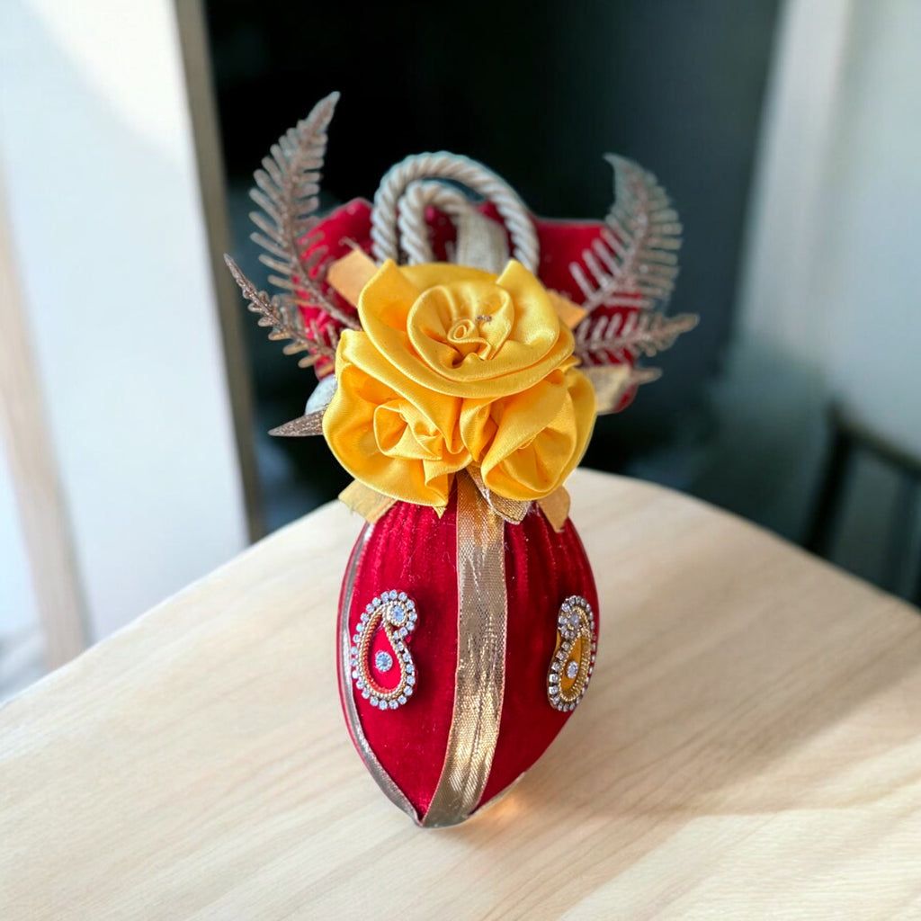 Decorated Shagun Nariyal in Red & Yellow Velvet with Flowers & Booti – Fresh Coconut for Wedding & Pooja by Wrap Shap
