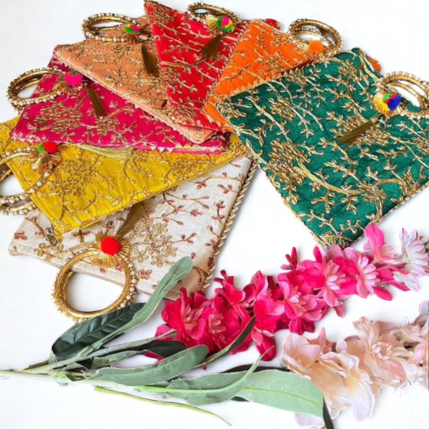 Wrap Shap embroidered gifting bag with round handle in assorted colours, ideal for return favours, wedding gifting, and festival giveaways