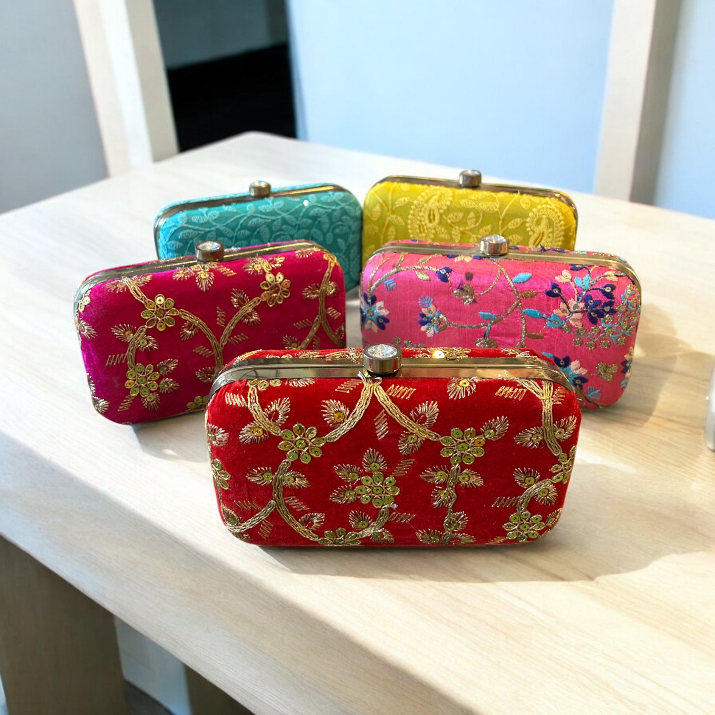 Assorted embroidered clutch purses for women – perfect return gifts for wedding, haldi, mehendi, and festive Indian gifting by Wrap Shap