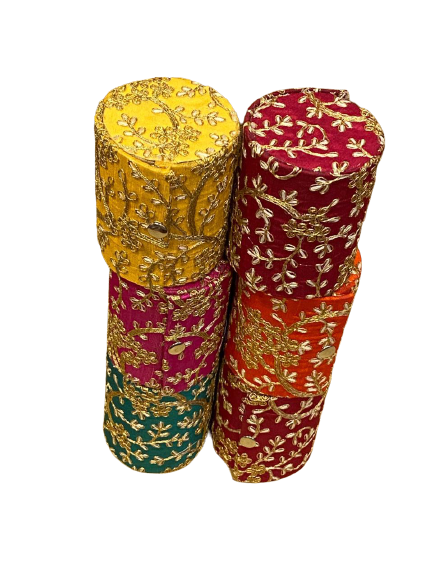 Wrap Shap small round embroidered cloth bangle box in assorted colors for gifting and return favours