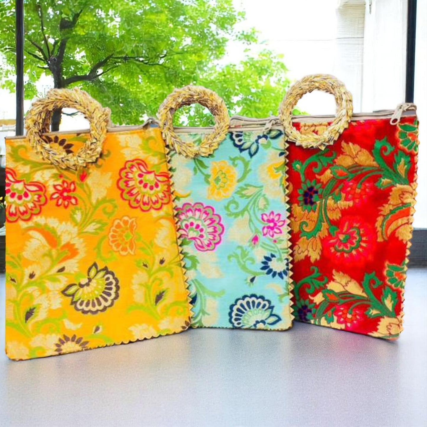 Wrap Shap flower decorative cloth gifting bag with round handle in assorted colors for return favours and small festive gifts