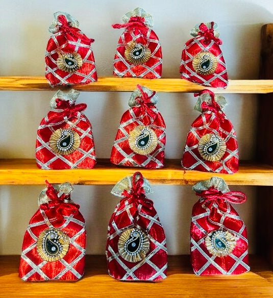 Small full cross design potli batwa bag with gota booti by Wrap Shap, ideal for dry fruits, ginni, coins, and jewellery – assorted colours