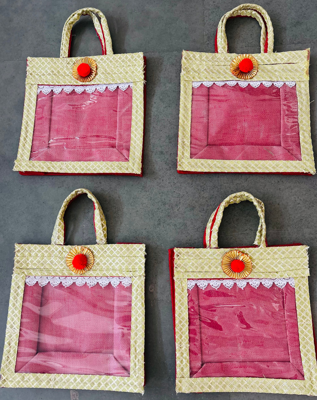 Gota Lace Decorated Jute Gifting Bags – 11x11x4 Inches | Return Favours, Small Gift Bags | Assorted Colours | Wrap Shap