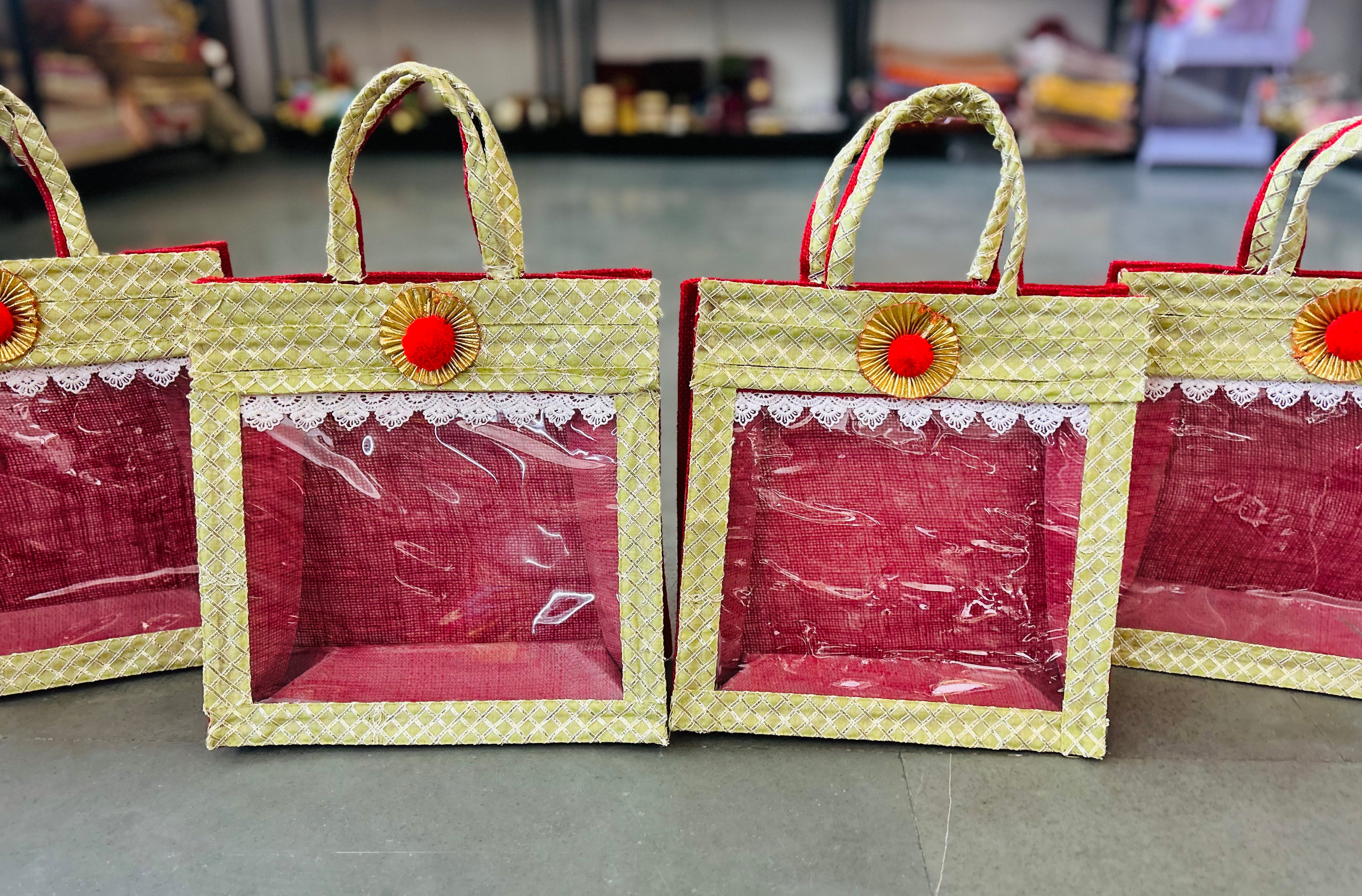 Gota Lace Decorated Jute Gifting Bags – 11x11x4 Inches | Return Favours, Small Gift Bags | Assorted Colours | Wrap Shap