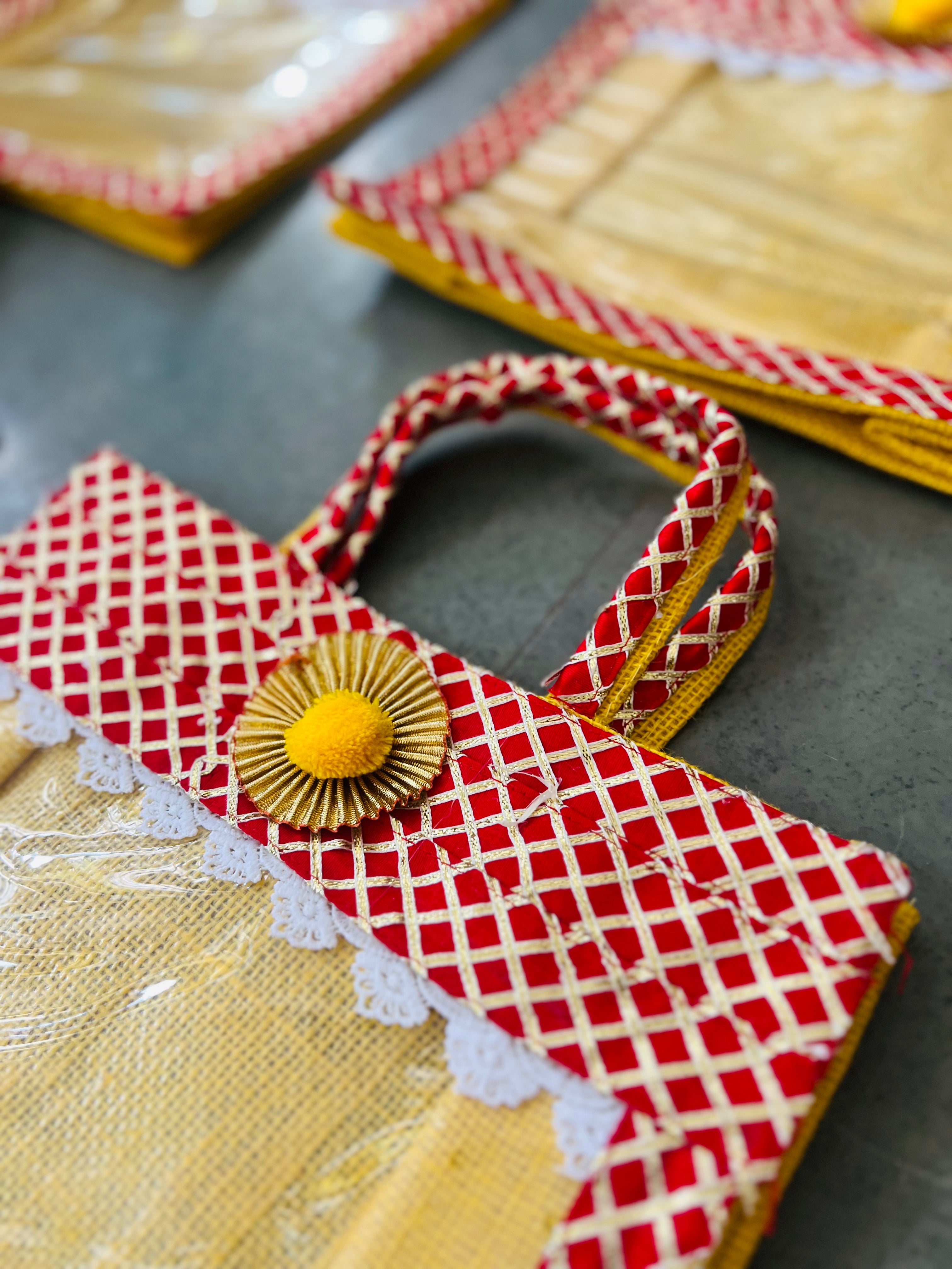 Gota Lace Decorated Jute Gifting Bags – 11x11x4 Inches | Return Favours, Small Gift Bags | Assorted Colours | Wrap Shap